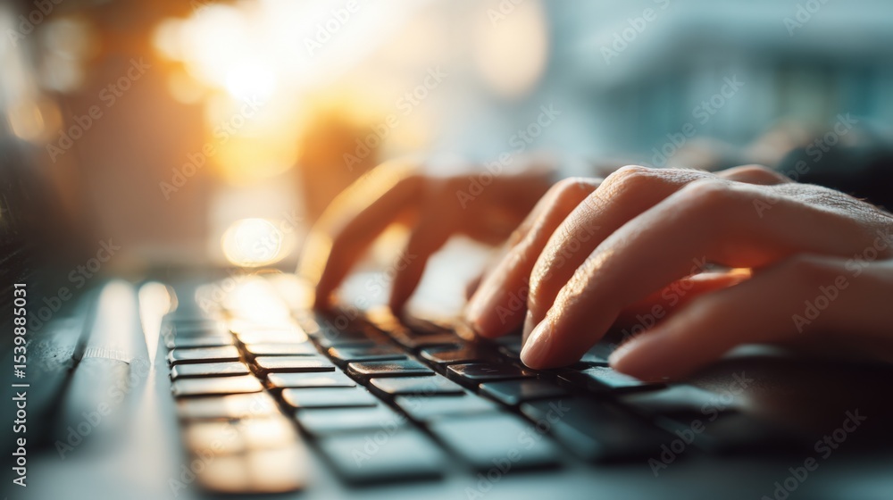 Poster Close-up of hands typing on a keyboard with warm sunlight shining in the background