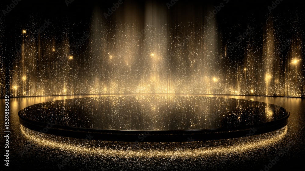 Poster elegant round stage with glowing golden lights and sparkling effects for events