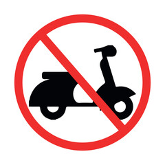 no motorcycle riding sign with scooter symbol in red circle and diagonal line, white background