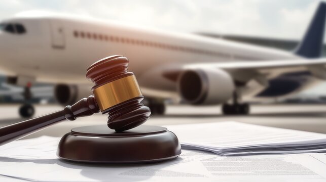 Legal gavel with airplane in the background.