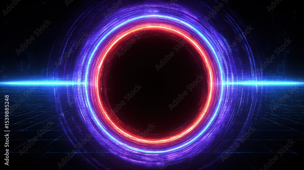 Poster vibrant neon circular light frame with dynamic laser effects in dark background