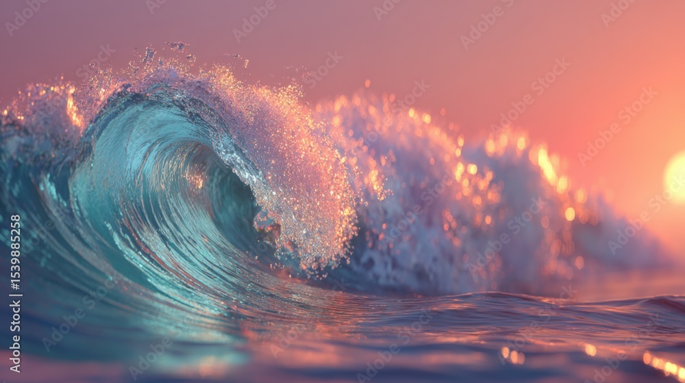 Poster vibrant ocean wave crashing at sunset with colorful sky and dynamic motion
