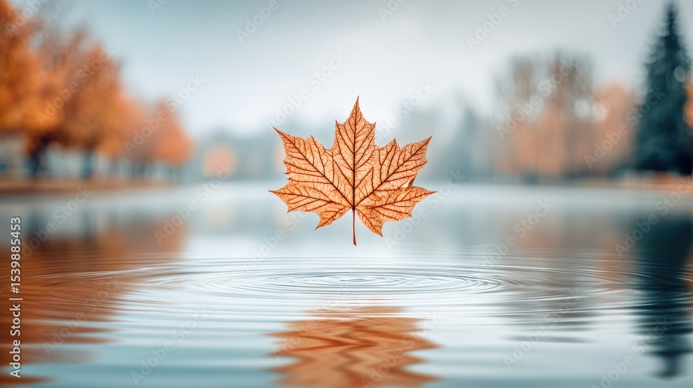 Poster Beautiful autumn maple leaf floating on calm water with blurred colorful trees in background