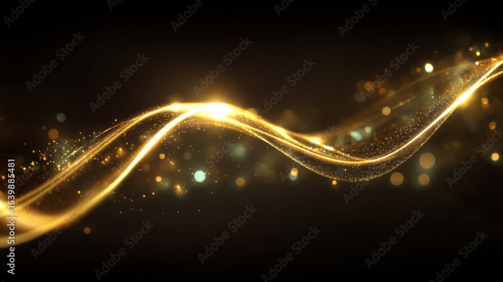 Poster Glowing golden light trails flowing smoothly through a dark background with sparkles