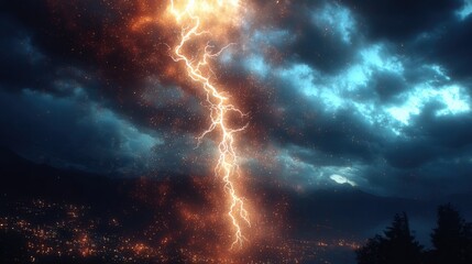 Dramatic lightning bolt striking through stormy dark sky with clouds and sparks