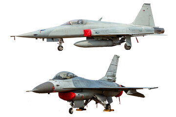 Two modern fighter jets, isolated on white background.