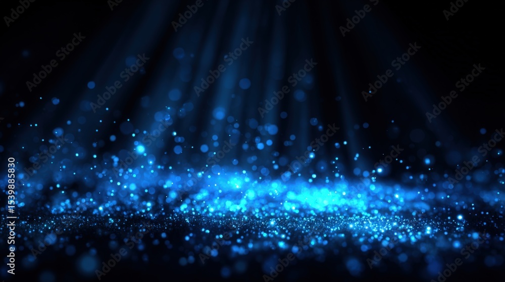 Poster abstract blue glowing particles and light beams with bokeh effects for digital design