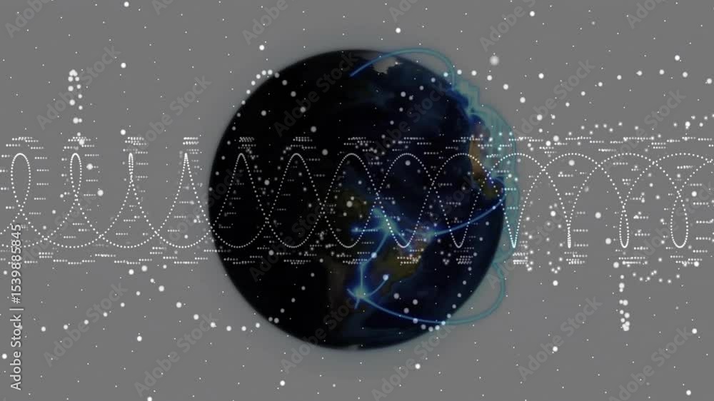 Poster at start, 3d globe rotating and waveform oscillating with network arcs pulsing to show data flow