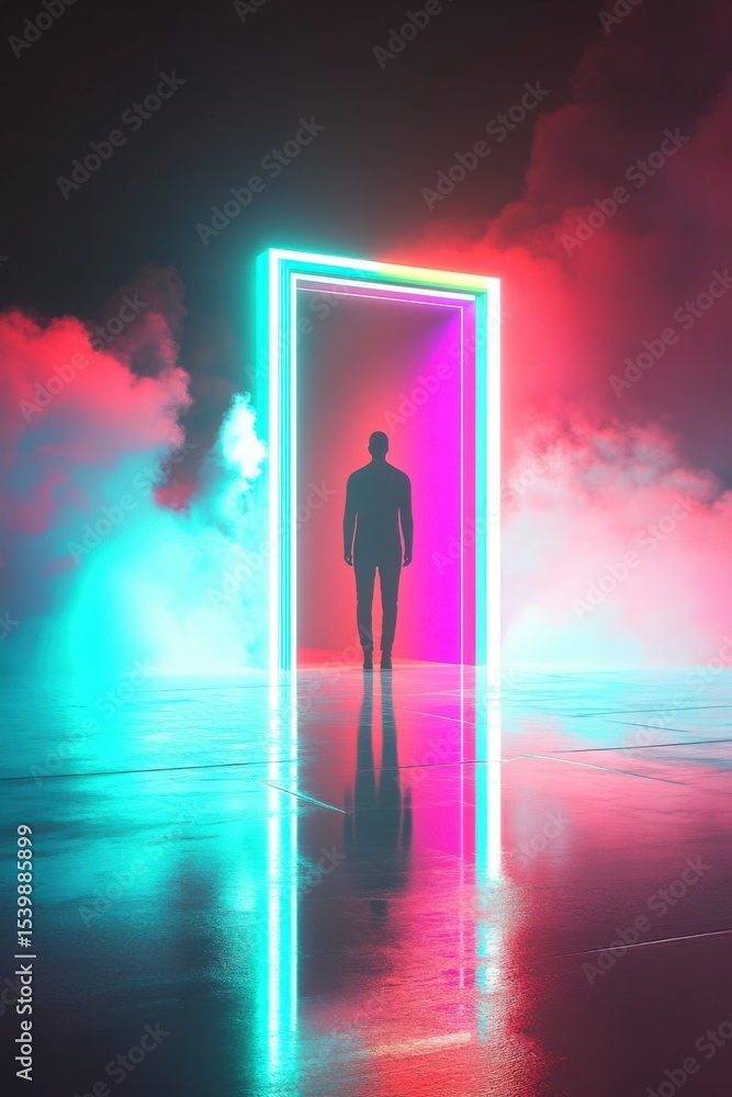 Poster futuristic neon entrance with man walking through brightly lit frame in cloudy environment