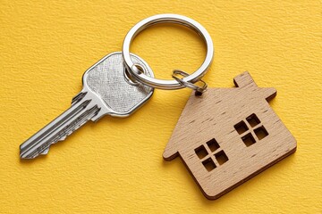 Silver Key and Wooden House Keychain on Yellow Background for Home Security