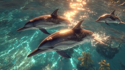 Obraz premium Three dolphins swimming in clear blue ocean water du daylight toward sunlight