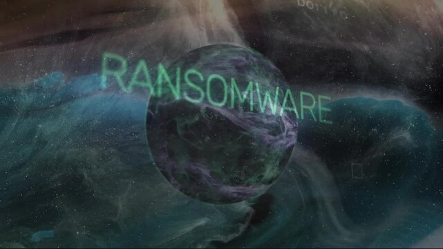 Initial glitching letters forming ransomware hologram over rotating planet visualizing cyber threat