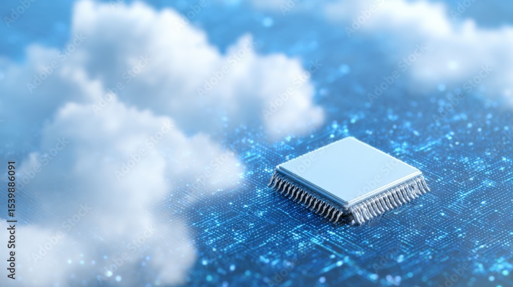 Poster Advanced microchip floating among clouds suggesting cloud computing and technology innovation
