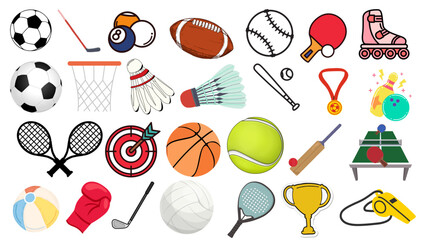 Illustration featuring a diverse collection of various sports equipment and related sporting accessories items