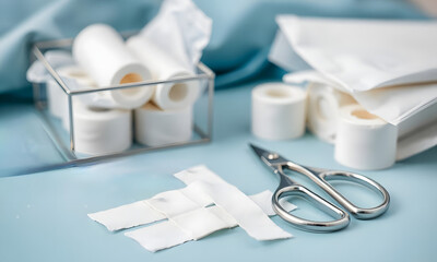 Medical supplies including bandages and scissors arranged on a blue surface
