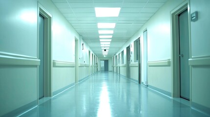 Empty hospital corridor stretches into the distance.