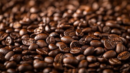 Roasted coffee bean pile, dark brown, filling frame