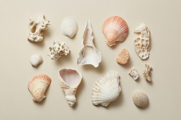 A collection of beautiful seashells arranged artfully on a soft beige background, perfect for marine-themed designs, beach decor, or nature-related projects.