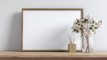 Obraz premium Minimalist blank picture frame on wooden shelf with vase of flowers in modern room