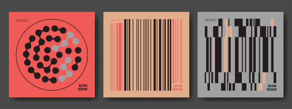 Abstract retro brutalist design posters - minimalist geometric compositions with metaball dots and vertical bars. Bold graphic layouts for modern covers, branding or architectural presentations.