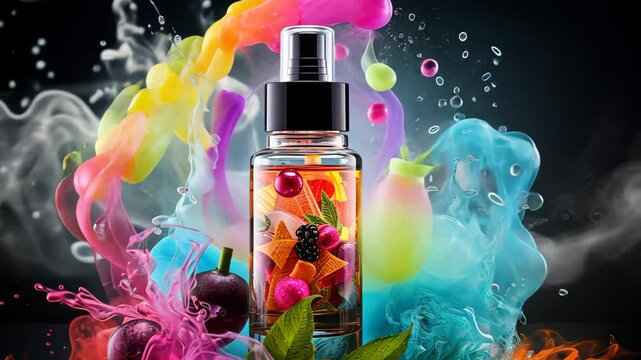 A bottle of liquid. Vaping. Flavored e-liquid. Selective focus. Nature.