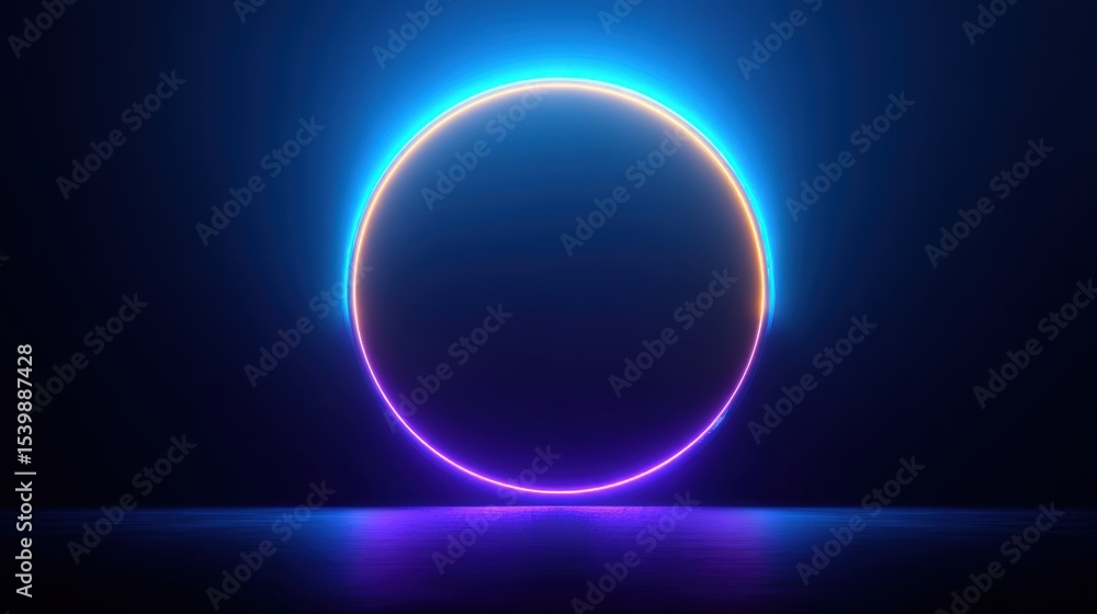Poster Neon glowing circle with vibrant color transition on dark background for technology theme