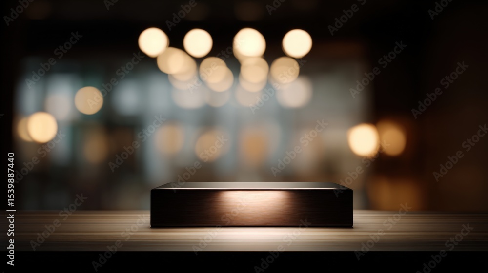 Aufkleber elegant black circular platform on wooden surface with blurred warm lights background