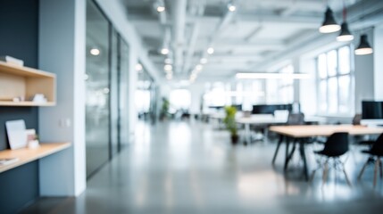 Fototapeta premium Modern spacious office interior with open workspaces and contemporary design