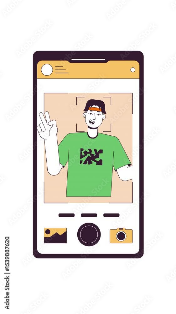 Poster mobile photo app with selfie viewfinder interface 2d cartoon vertical animation. camera mode on smar