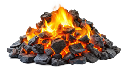 Bright Orange and Yellow Flames Burning Among Dark Gray and Black Coal Rocks Game Asset A I Generated isolated on a transparent background