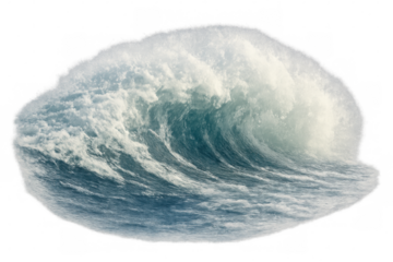 Powerful ocean wave breaking, creating white foam, isolated on transparent background, ideal for compositing