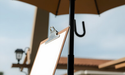 Blank clipboard under an umbrella in an outdoor setting
