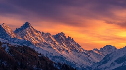 Majestic Mountain Range at Sunset with Snow-Capped Peaks and Vibrant Sky
