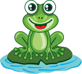A playful and humorous cartoon frog character illustration. This cute green frog features exaggerated expressions and whimsical details, perfect for children’s books, stickers, T-shirts, educational m