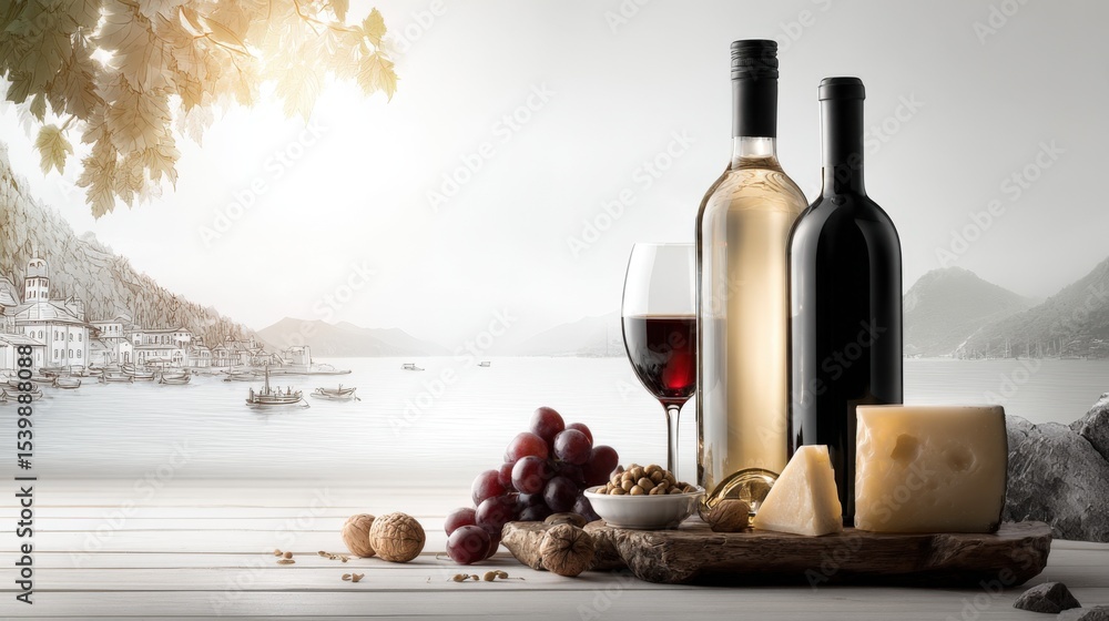 Poster elegant wine bottles glasses cheese grapes nuts and scenery view in the background