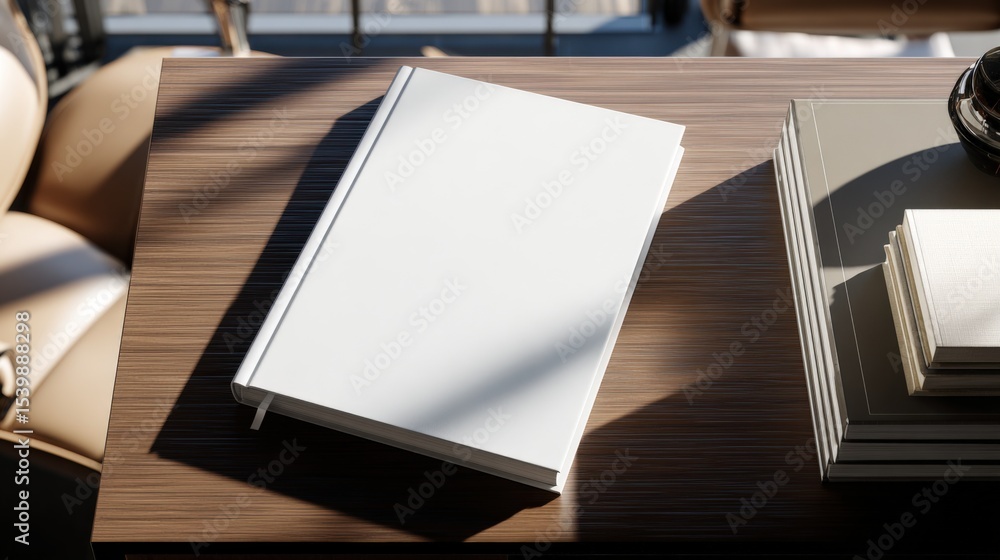 Poster minimalist open blank white notebook with shadows on wooden desk background