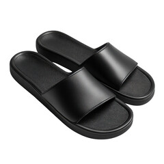 Black pair of sandals on transparent background.