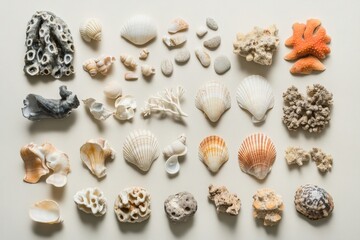 A visually appealing collection of seashells and coral, perfect for marine-themed projects, nature studies, or coastal decor designs.