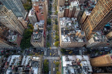 Urban city buildings aerial drone shot