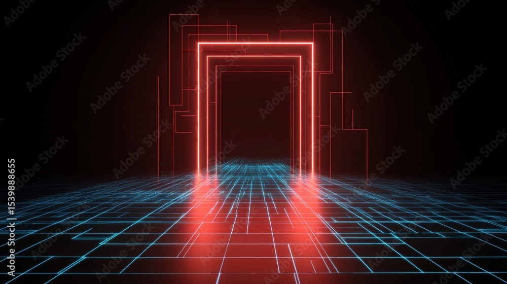 Poster Futuristic glowing red rectangular doorway with digital grid and circuitry effects