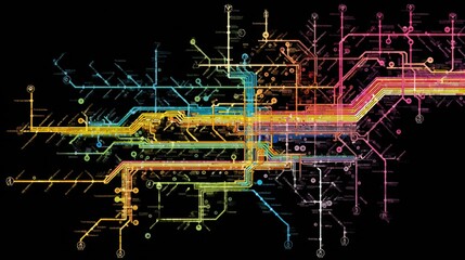 Nervous System Designed as a Subway Map Showcasing Colorful Lines and Nodes Representing Connections and Pathways