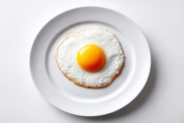 Close-up of a sunny side up fried egg with a vibrant yellow yolk on a white plate