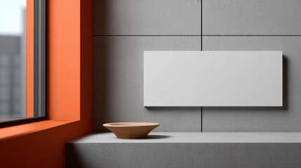Fototapeta premium Minimalist interior wall decor with a white blank s and a brown bowl by window