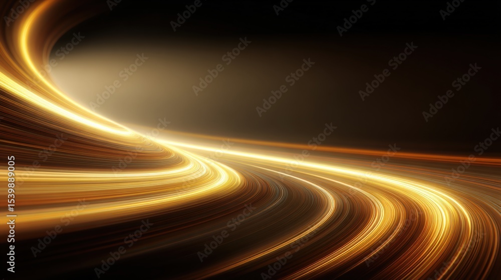 Poster long exposure light trails in motion on a dark background with golden glow and dynamic curves