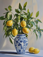 Sprig of fresh lemons in a blue and white vase