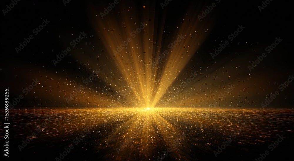 Poster vibrant golden light rays emanate from horizon with sparkling starburst effect