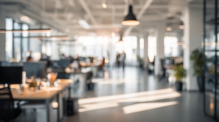 Obraz premium Modern office space interior with desks chairs natural light and open layout