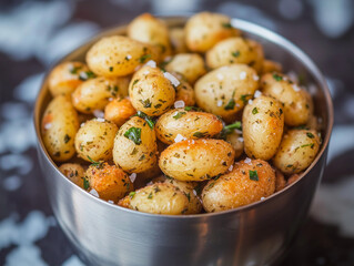 Roasted baby potatoes seasoned with parsley and salt in a metal bowl