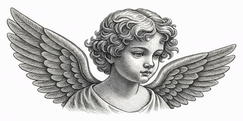 A modern illustration of a cherub with wings is rendered in a classic engraving style with great detail