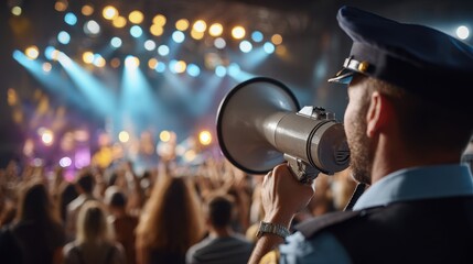 Security officer manages crowd during live music concert at nighttime event